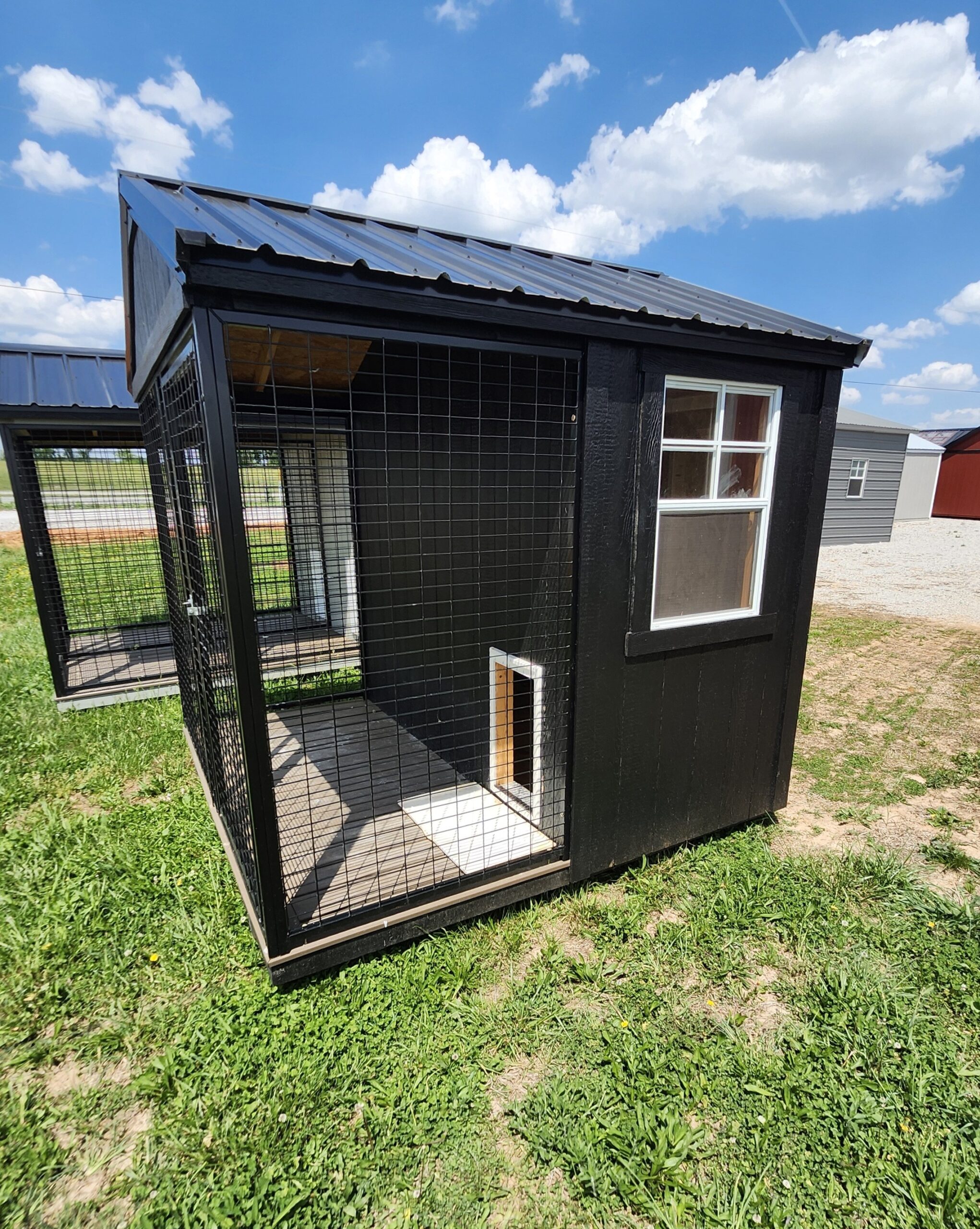 Black metal dog kennel with wire mesh sides and a corrugated metal roof, set on a grassy yard against a blue sky with clouds.
