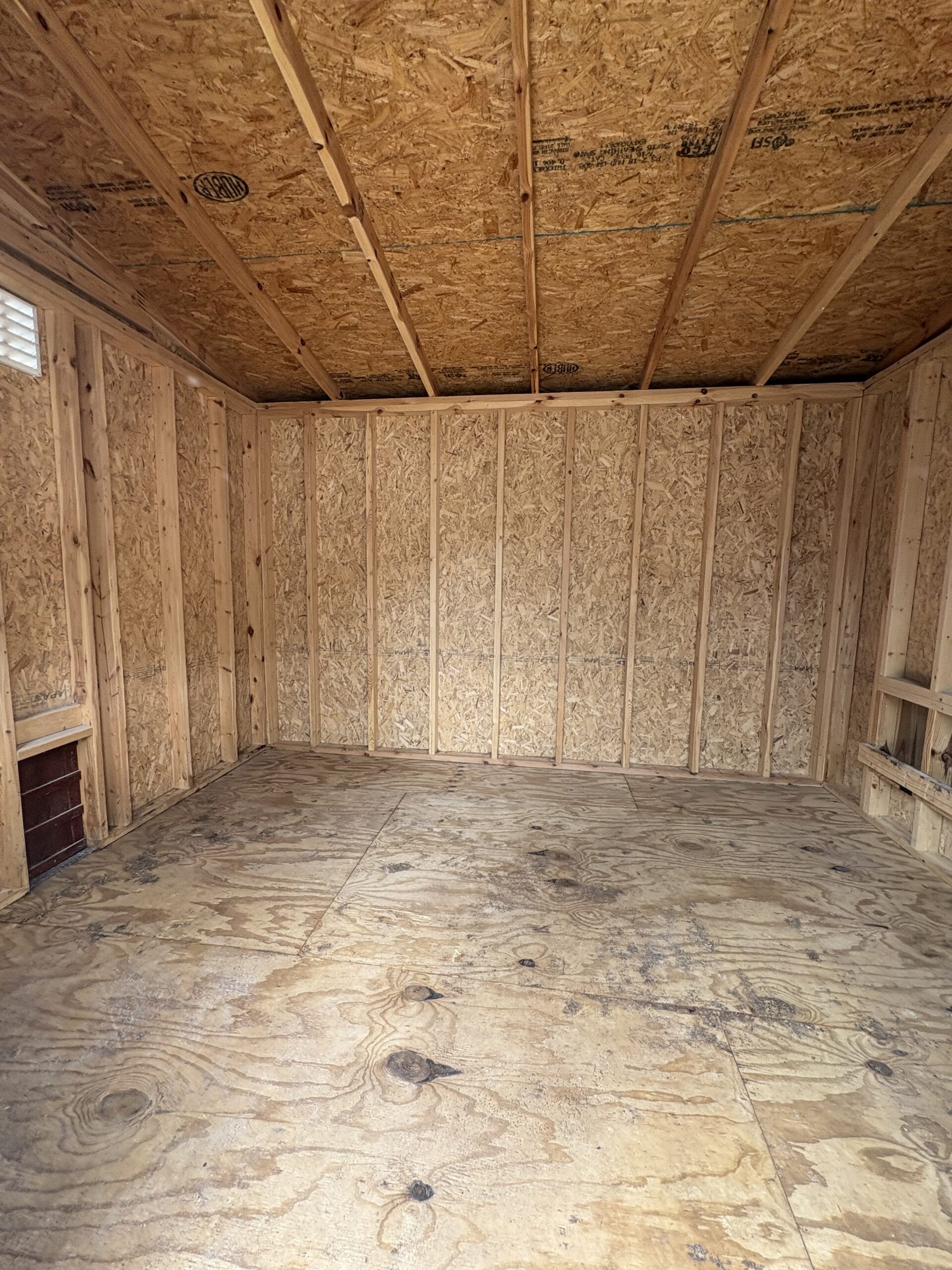 Unfinished wooden shed interior with exposed studs, plywood walls, and ceiling joists under construction