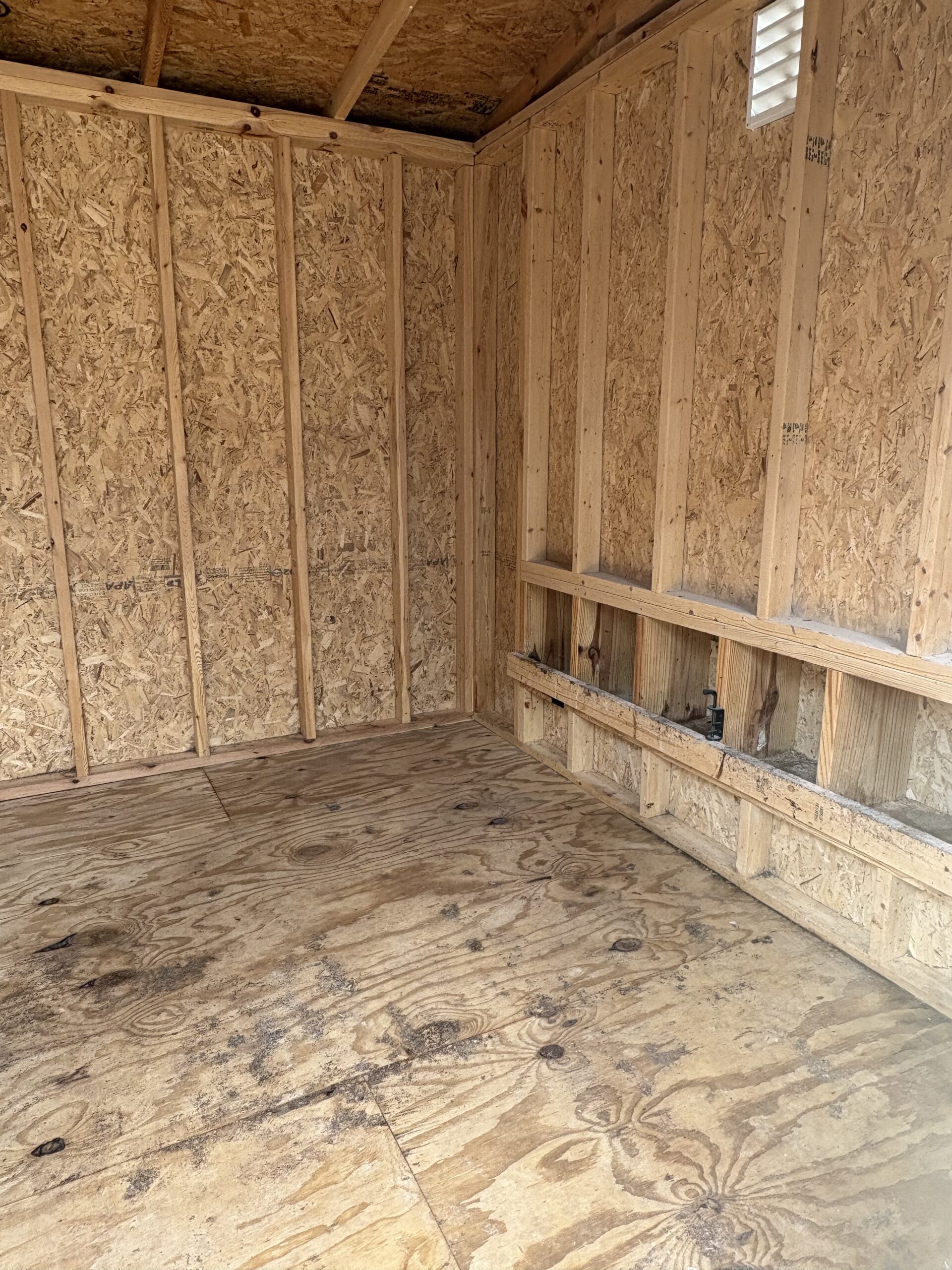 Interior of an unfinished wooden shed with vertical studs and OSB walls, no fixtures or furnishings visible.